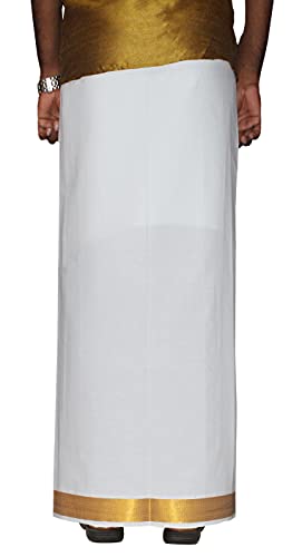 Image of PRAKASAM COTTON Velcro Pocket Dhoti for men, 2 inch Jari Border Mundu, Readymade Dhoti for men, South Indian Veshti