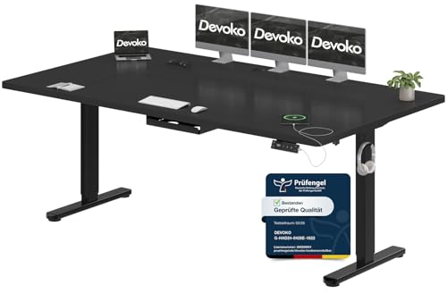 Devoko Höhenverstellbarer Schreibtisch 200x100cm mit Typ-C Ladeanschluss, Schreibtisch Höhenverstellbar Elektrisch, Mobiler Elektrisch Computertisch mit Kabel Management Tray, Schwarz