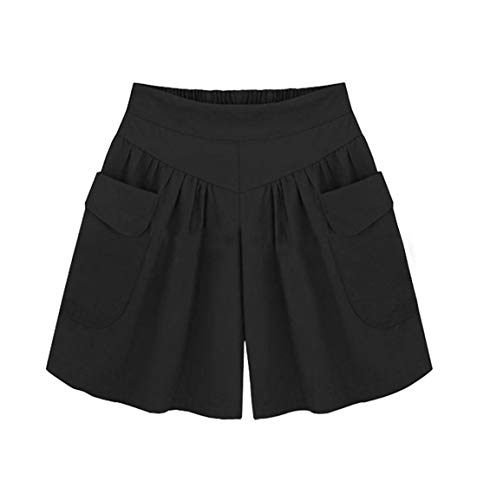 CHARTOU Women's Casual Summer Elastic Waist Wide Leg Beach Shorts Culottes with Pockets (X-Large, Black)