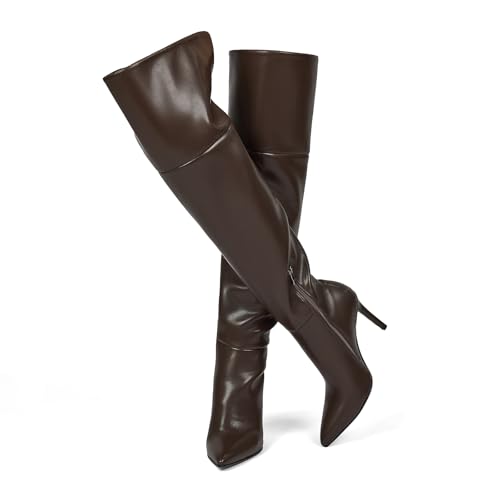 Image of wetkiss Womens Thigh High Boots Stiletto High Heel Over the Knee Fashion Dress Long Boots with Sexy Ponited Toe Zipper up Tall Boots for Date Party Club