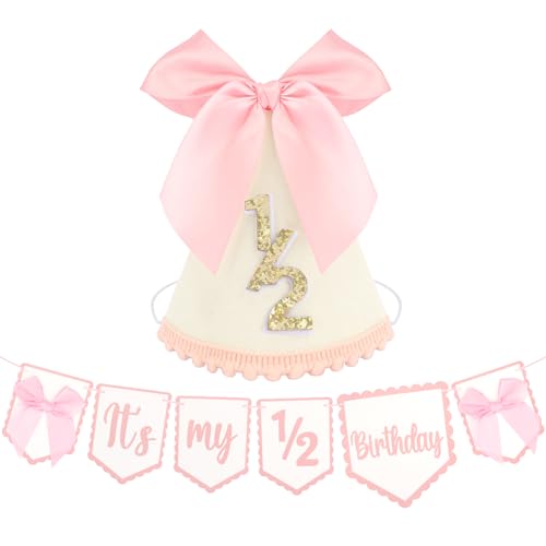 Atoden 1/2 Birthday Hat Half Way to One High Chair Banner 6 Months Cone Headwear Princess Crown Headband Pink Bow Birthday Party Decorations for Girl Outfit Cake Smash Photo Props Gifts by Atoden - Used condition - US$7.12