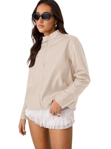 Chic Apricot PU Leather Women's Fall Winter Jacket with Stand Collar - Medium Size, Perfect for Any Occasion!