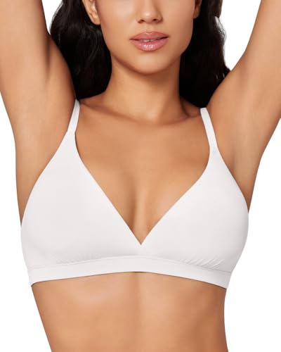 Image of Women's Triangle Bralette Removable Pads Unlined Bra Comfortable Deep V Neck Wireless Seamless Smoothing Bra Top White