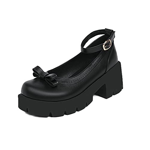 Shinelly Women Lolita Platform Chunky High Heel Pumps with Ankle Strap Bow2
