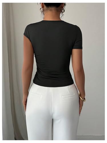 Milumia Women's Metal Asymmetrical Neck Short Sleeve T Shirt Ruched Slim Fit Going Out Tee Tops3