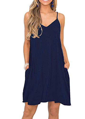 Image of Women's Summer Spaghetti Strap Casual Swing Tank Beach Cover Up Dress with Pockets