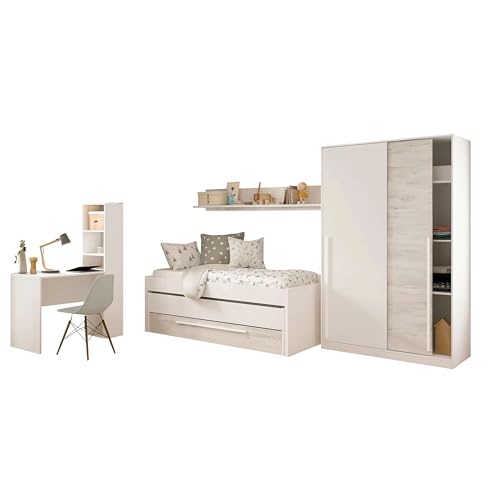 Miroytengo Pack Muebles Dormitorio Juvenil Completo en Color Blanco y Roble Claro Cama + Armario + Escritorio con Estantería. Incluye Somieres