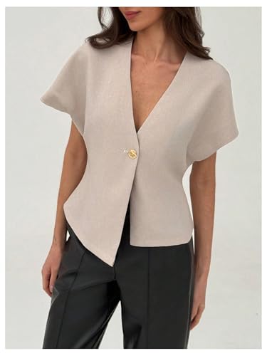 Verdusa Women's Dolman Short Sleeve Blazer V Neck Button Front Work Business Jackets3