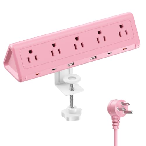 Image of 6.5 FT Desk Clamp Power Strip with 5 AC Outlets & 6 USB Ports PD 40W USB-C Fast Charging, Extension Cord with Multiple Outlets, Fits 2.1 in top Edge Pink