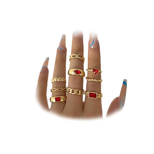 Red Stackable Rings Set for Women,9pcs Crystal Heart Chain Finger Ring Pack,Cute Gold Statement Knuckle Rings,Charm Jewelry Accessories Gifts