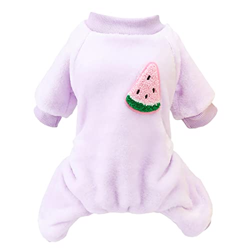 Izefia Dog Sweater Clothes Fleece Woolen Winter Warm Sweat Shirt 4 Legs Jumpsuit Pajamas Fruit Simple Sweater for Small Dog Medium Cat Purple M