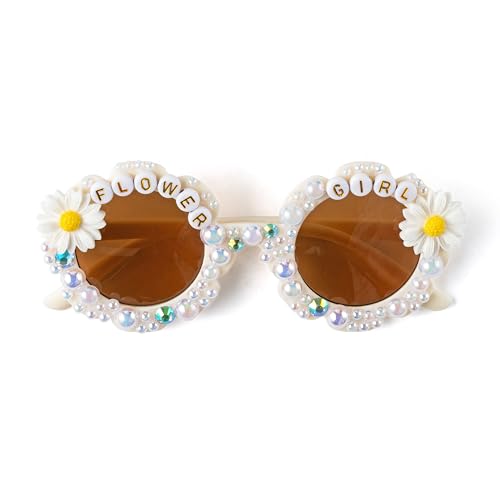 PANTIDE Flower Girl Sunglasses - Daisy Floral Pearls Round Shaped Sunglasses Wedding Engagement Party Favors Outdoor Beach Glasses Accessories Jewelry Gift for Girls Little Bridesmaid (White)