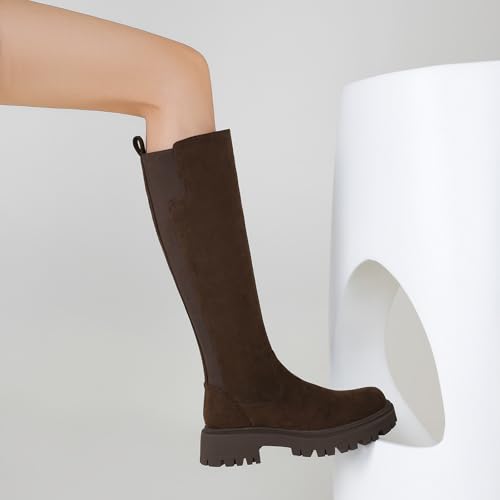 Image of TEAIEU Knee High Boots for Women, Platform Chunky Block Low Heel Tall Boots, Round Toe Side Zipper Fall Long Boots for Dress, Stretch Calf, Comfortable
