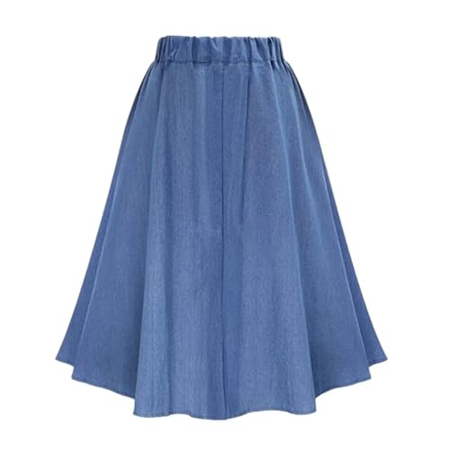 Women's High Waist Button Pleated Midi Skirt with Elastic Waist Knee Length Denim Skirt2