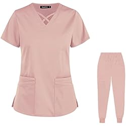 Ropa De Trabajo Uniformes PengGengA Set de Exfoliante para Mujer Túnicas de Salud Manga Corta Cuello en V Tops Pantalones con Bolsillos (Rosa, S)