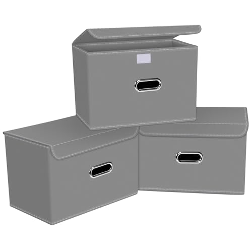 SEVENDOME Linen Fabric Foldable Collapsible Storage Cube Bin Organizer Basket with Lid, Leather...