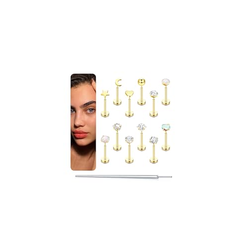 Florideco 14K Gold Filled Threadless Nose Studs for Women Hypoallergenic Surgical Steel Nose Rings Push In Flat back Nose Stud Labret Studs CZ Tragus Helix Piercing Jewelry 16G 18G 20G