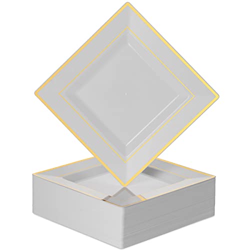 Bloomingoods Plastic Disposable Square Dessert Plates | 50-Pack 6.5 Inches White With Gold Rim Square Plates | Ideal For Weddings, Parties, Catering | Heavy Duty & Non Toxic #TOP10