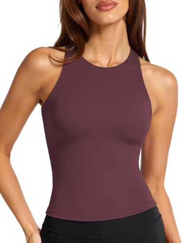 Image of LASLULU Womens High Neck Workout Tank Tops with Built in Bra Strappy Back | Low to Medium Impact,Longline Halter Neck Sports Bra,Fitted Compression,Padded Athletic Yoga Running Gym Pilates Tank Tops