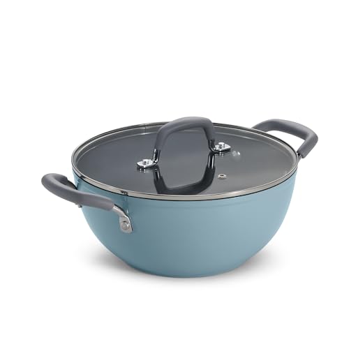 Image of TRAMONTINA Velo 24cm / 3.6L Forged with Ceramic Reinforced Interior Kadai | Tempered GlassLid | Kadhai for Curry, Deep-Fry, Stir-Fry | Silicone Grip Handles | Gas /Induction | Cook & Serve | Sea Blue