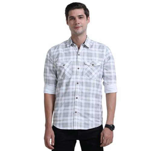 Image of Rocket Science Men's Cotton Blend Slim Fit Double Pocket Checked Casual Shirt.