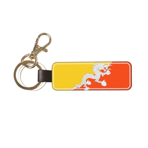 Ninainaid Porte-clés de voiture en cuir véritable avec drapeau du Royaume du Bhoutan, porte-clés universel pour homme et femme.