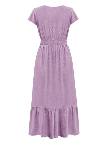 Image of CzzzyL Women Nursing Boho Maxi Dresses Cap Short Sleeve V Neck Swiss Dot High Waisted A-Line Ruffle Tiered with Pockets