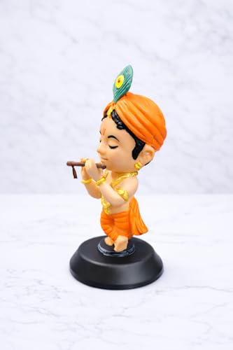 Image of Krishan Ji Car Dashboard Idol with Double Sided Tape | Bal Gopal Statue for Car Dashboard, Home Temple & Office | Cute Krishna Murti Gift Item | Orange | Standing Eye Closed