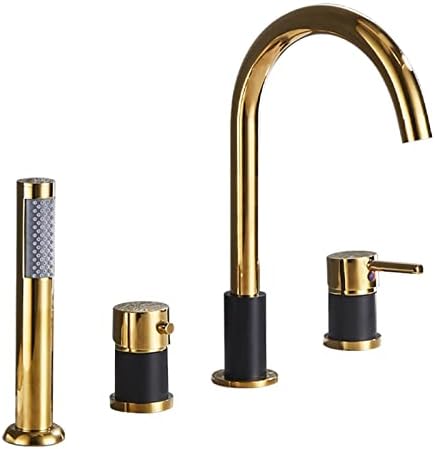Shower Head Set, Deck Mounted 4 Tap Hole Bath Shower Mixer Tap And Shower Kit Hot And Cold Single Handle Bathtub Mixer Tap With Pull Out Handheld Shower For Bathroom,Blac-Black+gold