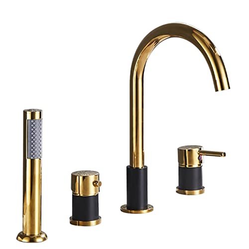 Shower Head Set, Deck Mounted 4 Tap Hole Bath Shower Mixer Tap And Shower Kit Hot And Cold Single Handle Bathtub Mixer Tap With Pull Out Handheld Shower For Bathroom,Blac-Black+gold