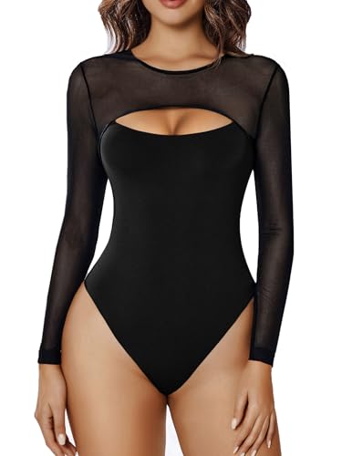 Avidlove Bodysuits for Women Round Neck Shapewear Bodysuit Long Sleeve Bodysuit Sexy Mesh Top Double Lined Cutout Shirt