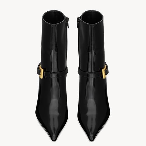 Black Ankle Booties for Women Pointed Toe Stiletto High Heel Patent Leather Metal Buckle Short Boots with Side Zipper Casual Party Dating Dress Shoes3