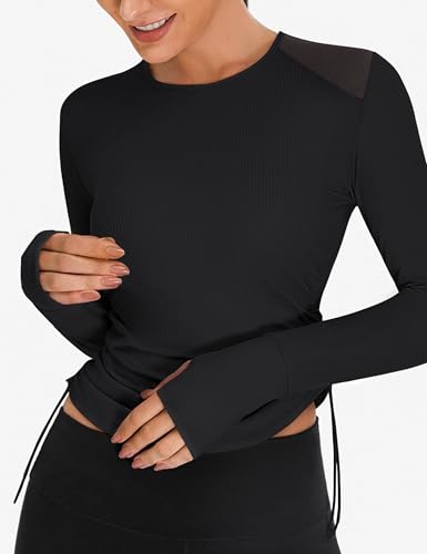 BMJL Women's Long Sleeve Crop Workout Shirts Slim Fit Breathable Mesh Gym Athletic Running Hiking Tops4