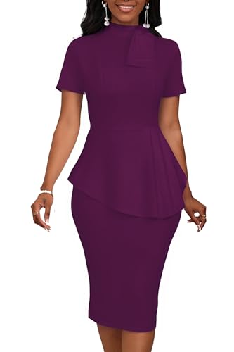 Image of PerZeal Women's Fashion Peplum Bodycon Short Sleeve Work Dresses Bow Club Ruffle Pencil Formal Cocktail Dress