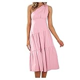 Dawwoti Women's Bohemian Summer Dresses,one Shoulder Sleeveless Smocked Ruffle Tiered Beach Dress Pink