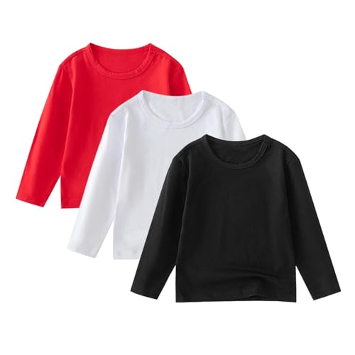 Kids Basic Cotton Shirts 3 Pack Girls Boys Long Sleeve Tshirt Crewneck Top Casual Solid Color T-Shirt Soft Comfy Tee2