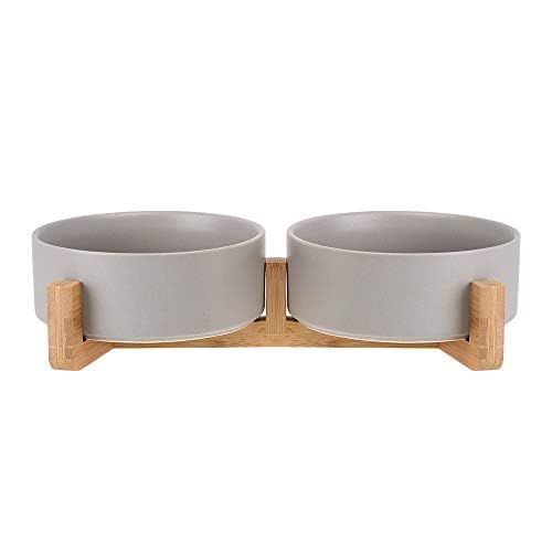 Grey Ceramic Cat Dog Bowl Dish with Wood Stand No Spill Pet Food