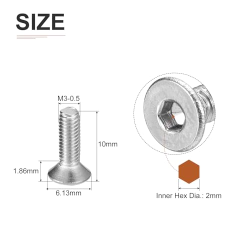Image of DTGN M3-0.5 x 10mm Flat Head Socket Cap Screws, 100 Pack 304 Stainless Steel Hex Socket Flat Head Screws, Full Thread, Countersunk Bolts