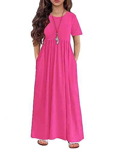 Image of Arshiner Girls Maxi Dress Long /Short Sleeve Casual Holiday Dress with Pockets for 5-13 Years