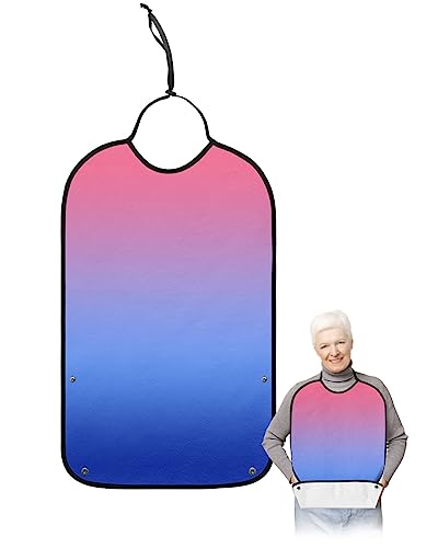 Kewadony Adult Bibs for Elderly Women - Pink and Blue Ombre Waterproof Dining Clothing Protectors with Crumb Catcher for Eating/Feeding, Gradient Colorful Terry Cloth Bib Machine Washable