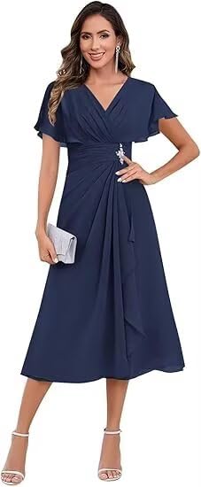 Chiffon Mother of The Bride Dresses for Wedding Short Sleeves V Neck Formal Evening Gown for Women