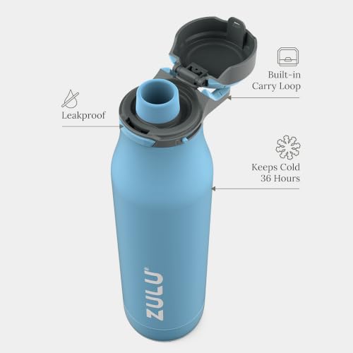 Image of Zulu Ace 24oz Vacuum Insulated Stainless Steel Water Bottle with Chug Spout | Leak-Proof Locking Lid and Removable Base |Reusable Bottle for Cycling Sports Gym Travel Bicycle Bottle Cage | Ice Blue