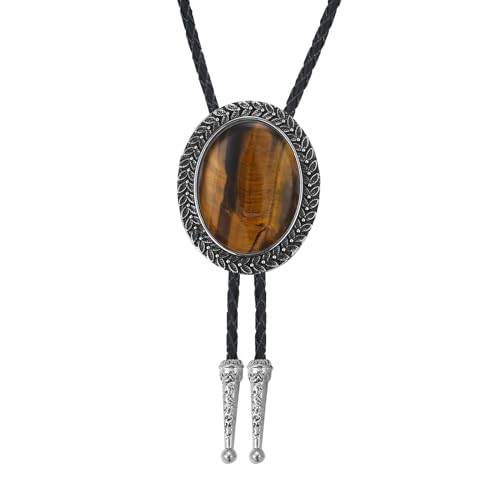 Image of Bolo Tie for Men Women Cowboy Turquoise Celtic Natural Tiger Eye Stone Longhorn Bull Western Leather Bolo Necktie