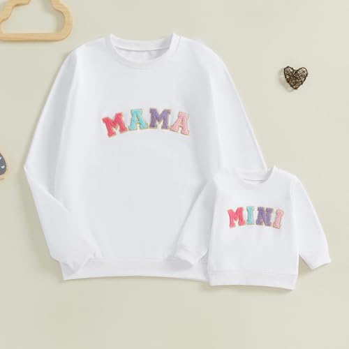 Karuedoo Mommy and Me Matching Outfits Family Matching Shirts Mama and Mini Embroidery Crewneck Long Sleeve Sweatshirt Tops2