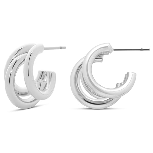 MILLA Chunky Gold Earrings for Women, Triple Split Thick Gold Hoops and Silver Hoop Earrings, Hypoallergenic