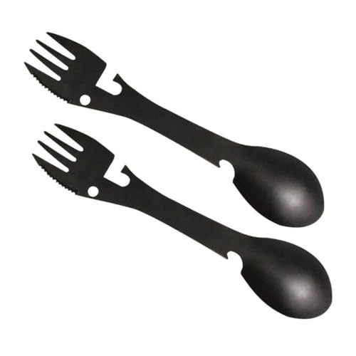CONGARTENO 2 piezas Cubiertos Multifuncionales para Camping Acero Inoxidable Negro con Abridor Utensilios Portátiles para Picnic y Actividades