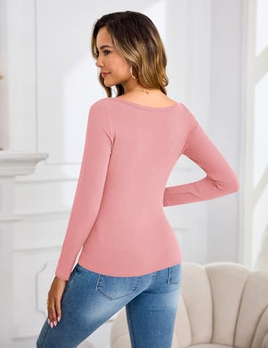 Aottori Aottori Langarmshirt Gerippt Damen Elegant Stretch Oberteile Slim Fit Pullover T-Shirt RIPP Einfarbig Basic Top Rosa S - Produktansicht 3 | TV | Video | Foto