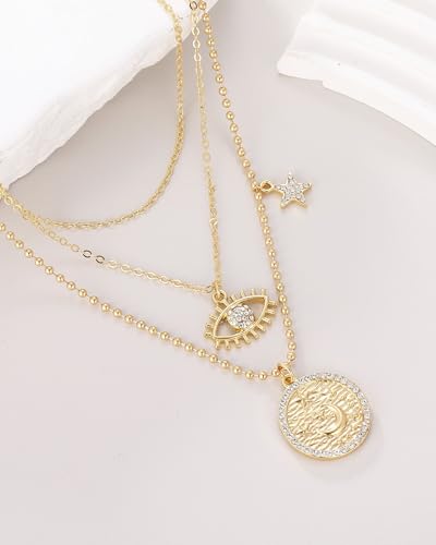 MJartoria Gold Layered Necklaces for Women Trendy Retro Coin and Evil Eye Pendant Necklace Dainty Chunky Chain Choker Necklaces for Jewelry Birthday Gifts3