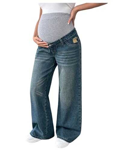 Image of MakeMeChic Women's Maternity Bootcut Jeans Wide Leg Over The Belly Straight Pregnancy Denim Pants