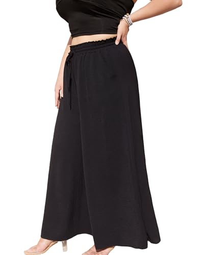 Womens Wide Leg Linen Pants Summer Casual Palazzo Flowy Elastic High Waisted with Pockets Boho Beach Trousers